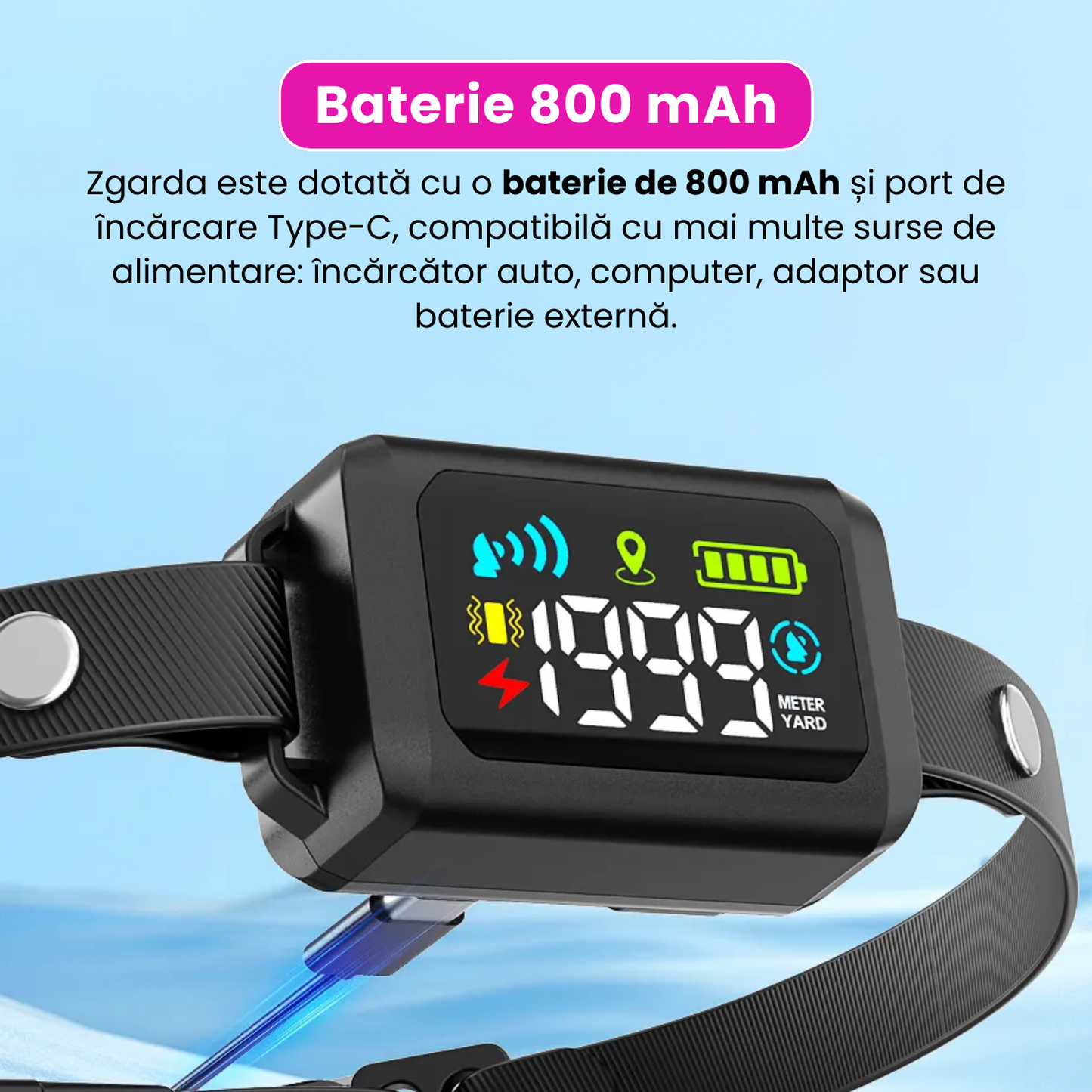 Zgarda electrica GPS pentru caini, sistem inteligent de gard invizibil cu vibratii si soc, raza de actiune 914m, ecran LED color, baterie reincarcabila 800mAh, rezistenta la apa IPX7, fara aplicatie, SIM sau abonament, negru
