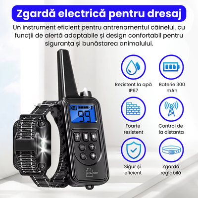 Zgarda electrica pentru 2 caini, 880-3, 99 nivele de vibratii, baterie 300 mAh, raza 800m, 3 moduri antrenament, IP67, electrozi cauciucati, protectie piele, zgarda reglabila, negru