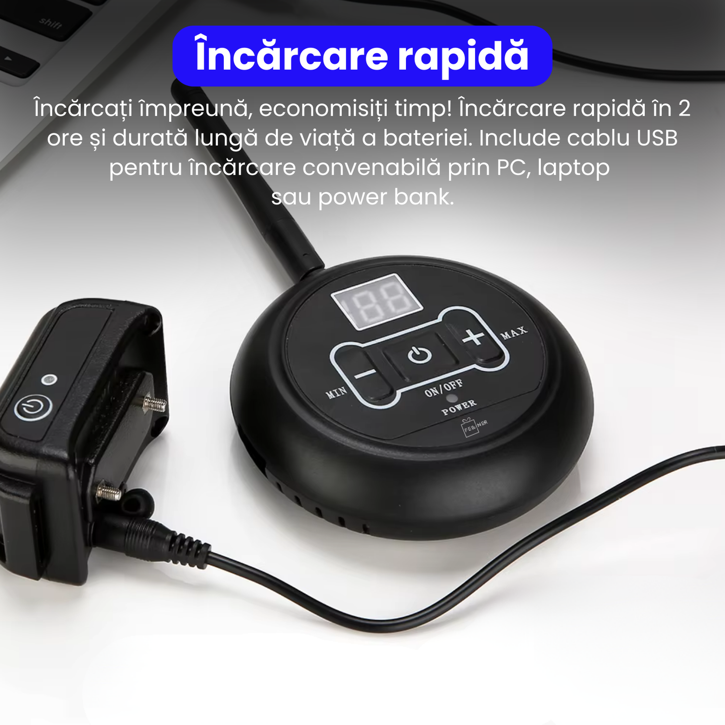 Sistem complet de gard invizibil pentru caini, cu transmitator si zgarda reincarcabila si rezistenta la apa IP67, raza de actiune 500 m, baterie 250 mAh, negru