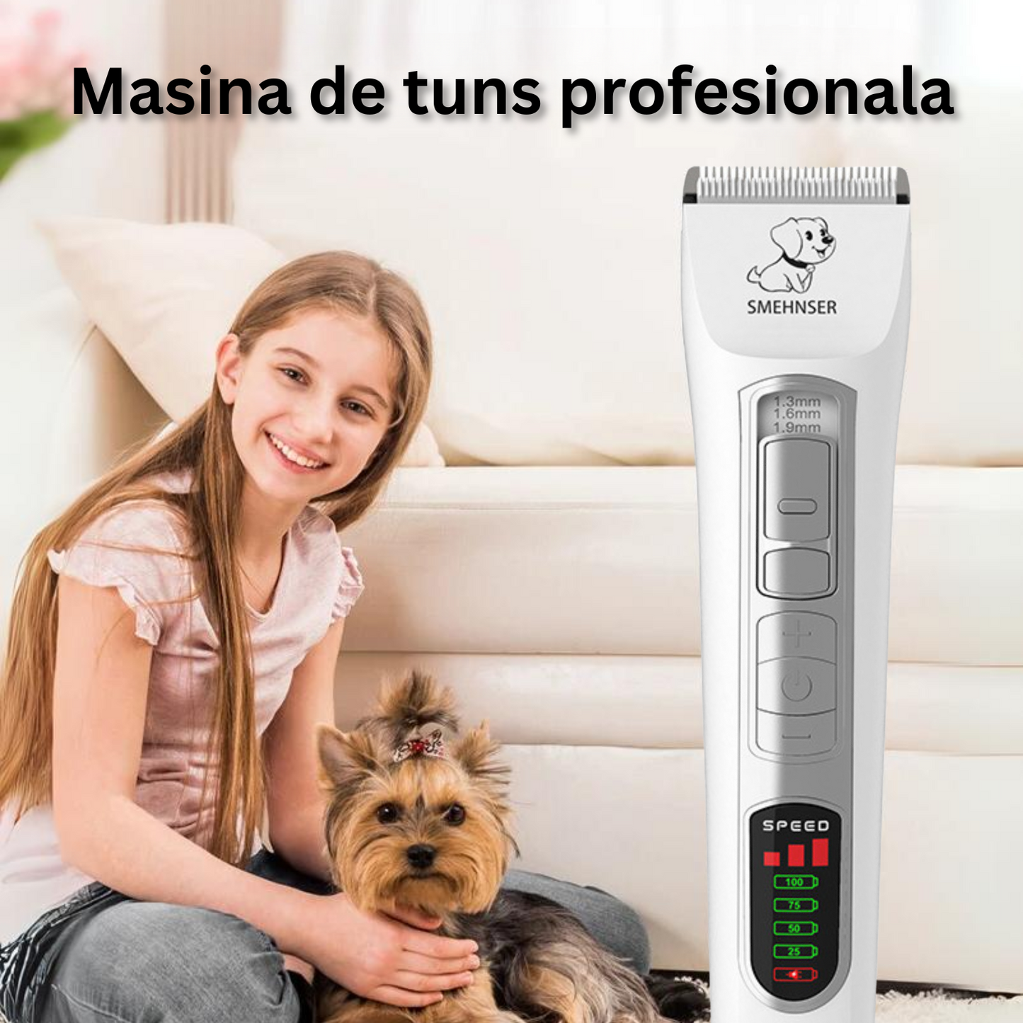 Masina de tuns profesionala pentru caini si pisici, fara fir, 7000RPM, autonomie 190min, lama ceramica, ecran digital LCD, alb