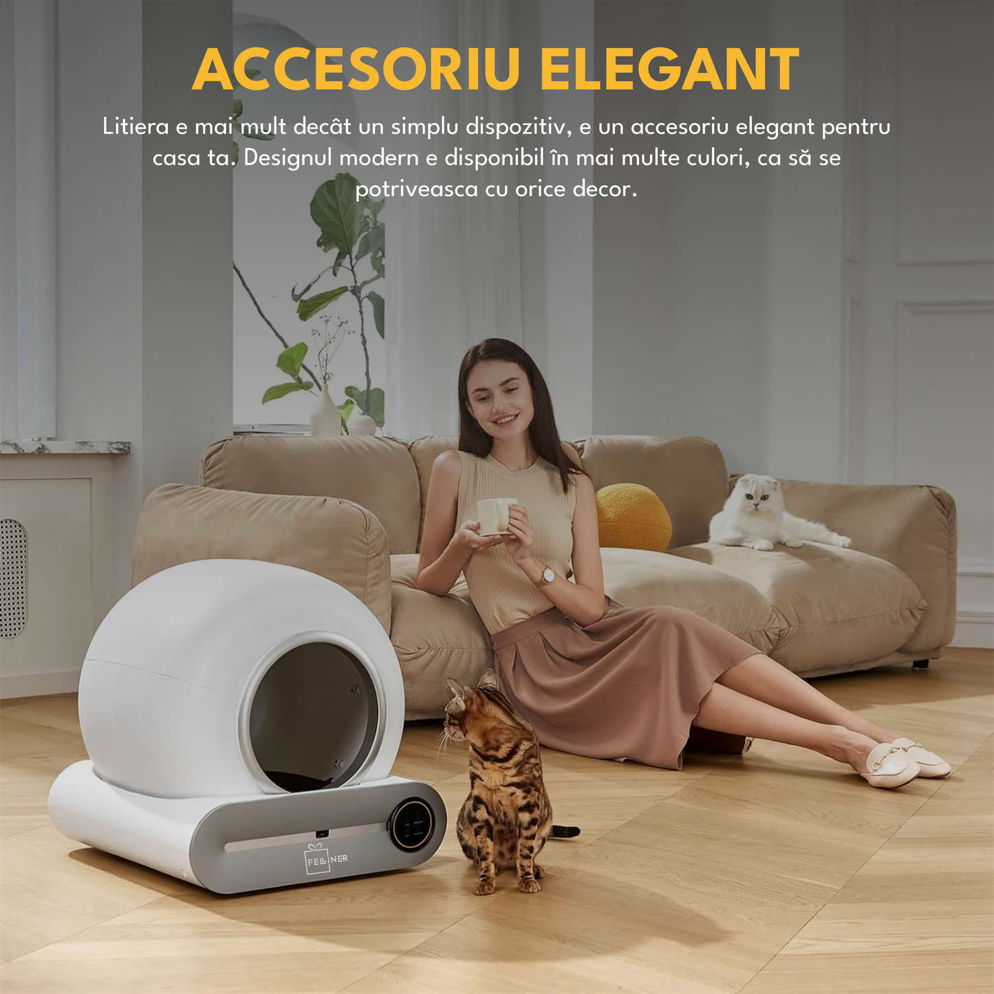 Litiera automata, pentru pisici, extra saci inclusi, auto-curatare, elimina mirosurile, aplicatie mobila, capacitate deseuri 9L, sterilizare UV, alb