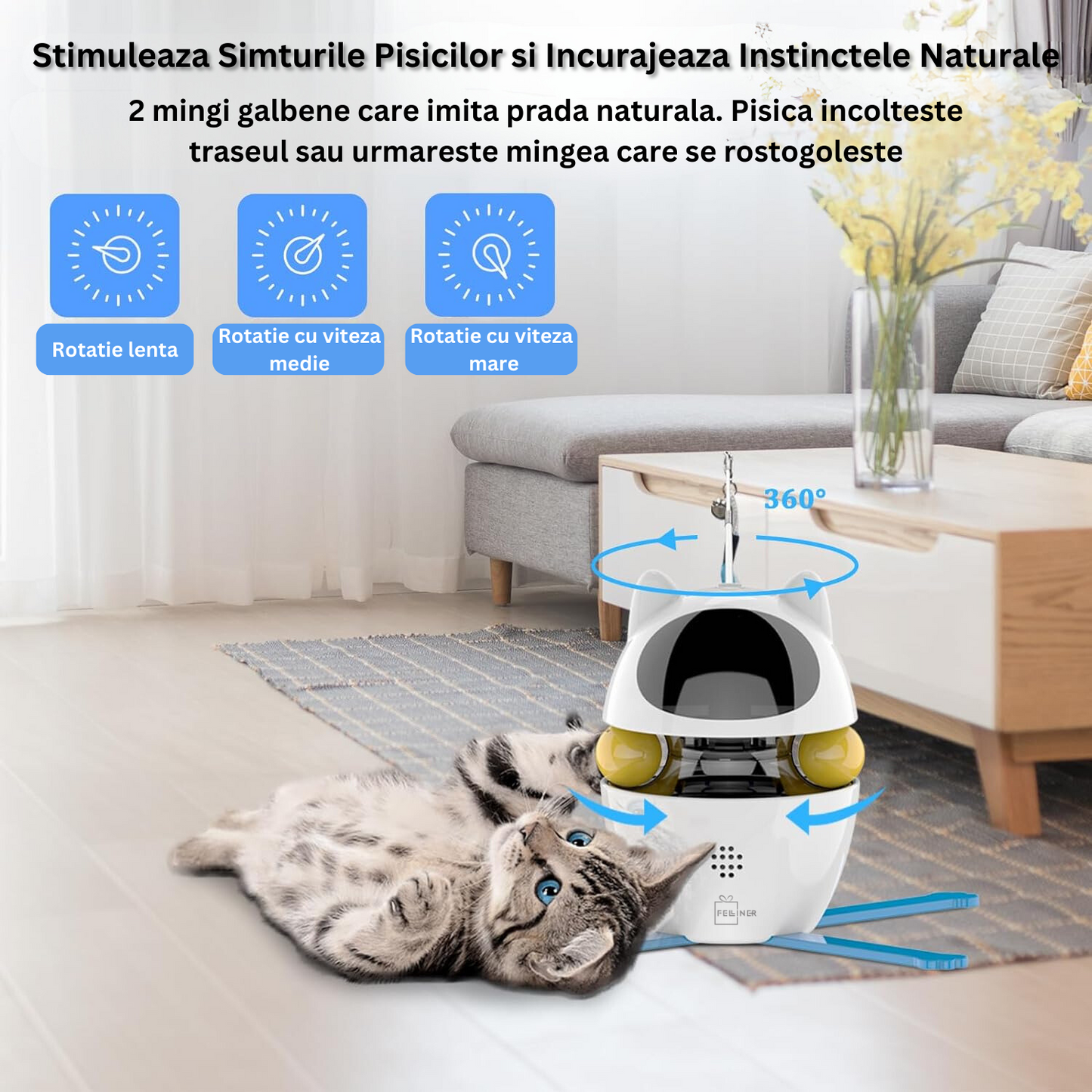 Jucarie interactiva pentru pisici, Felliner, automata 3in1, laser, mingi, panglica, rotatie 360¡, alb