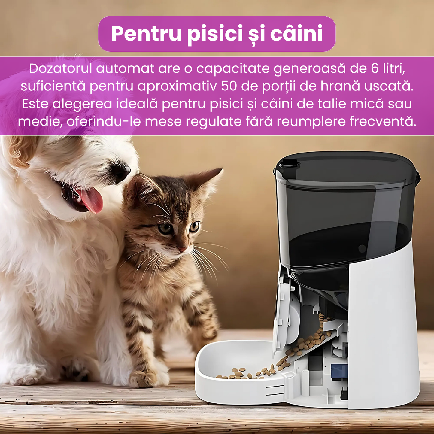 Hranitor automat inteligent pentru caini si pisici, WiFi 2.4G, aplicatie, functie vocala, 6L, senzor alimentare, compatibil cu hrana uscata, alb