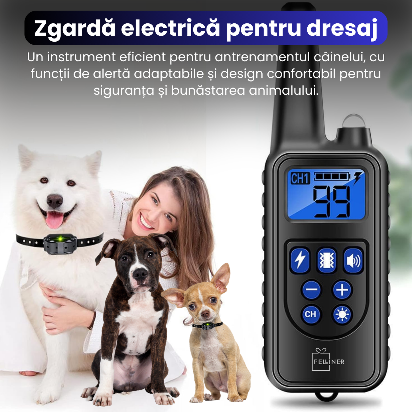Zgarda electrica pentru 3 caini, baterie 300 mAh, raza 800 m, 3 moduri de antrenament, 99 nivele de vibratii, rezistenta la apa IP67, protectie piele, zgarda reglabila, negru