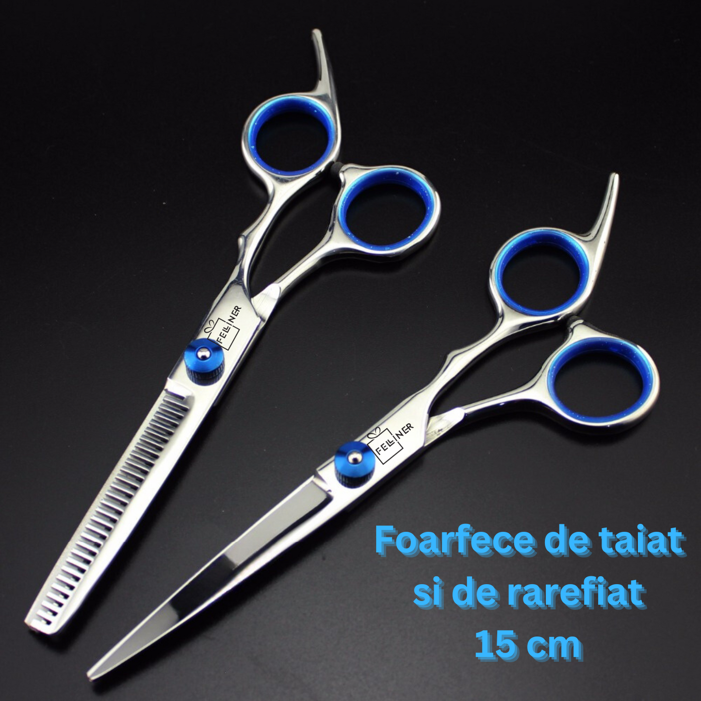 Set 2 foarfece profesionale pentru ingrijirea cainilor, piepten, geanta transport, otel, 15cm, Felliner, albastru