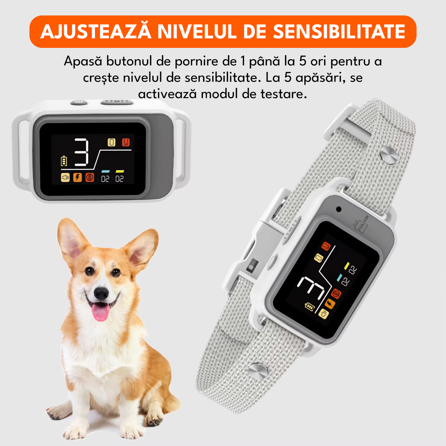 Zgarda inteligenta pentru dresaj, raza actiune 800m, 3 functii, rezistent la apa IP67, reglabila, gri