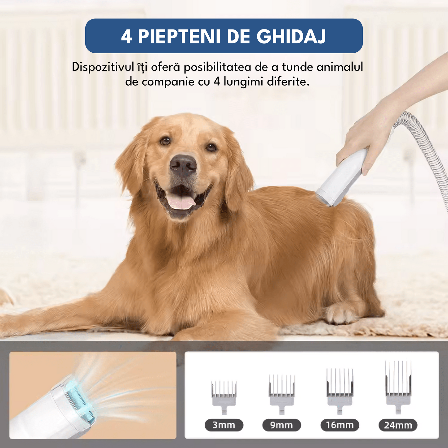 Set de ingrijire animale de companie 7 in 1, aspirator pentru toaletarea animalelor de companie si materiale textile, 4 marimi pentru tuns, zgomot redus, 3 trepte de viteza, 10 000Pa, HEPA filtru, alb