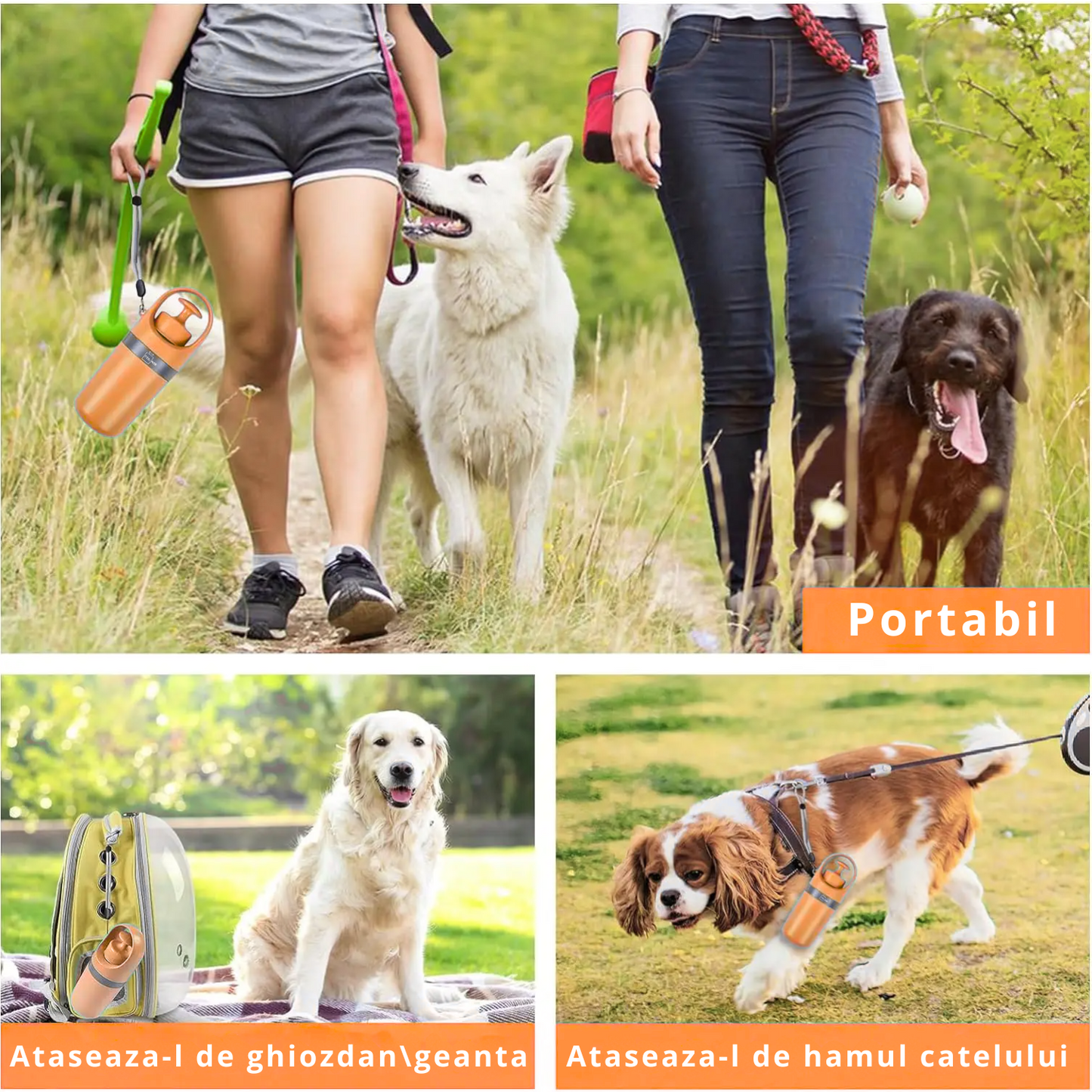 Colector excremente animale de companie, caini, pisici, Felliner, dispozitiv portabil pentru adunarea igienica a deseurilor, cleste cu 6 gheare, ABS, 6.5x19 cm, compartiment saci integrat, portocaliu