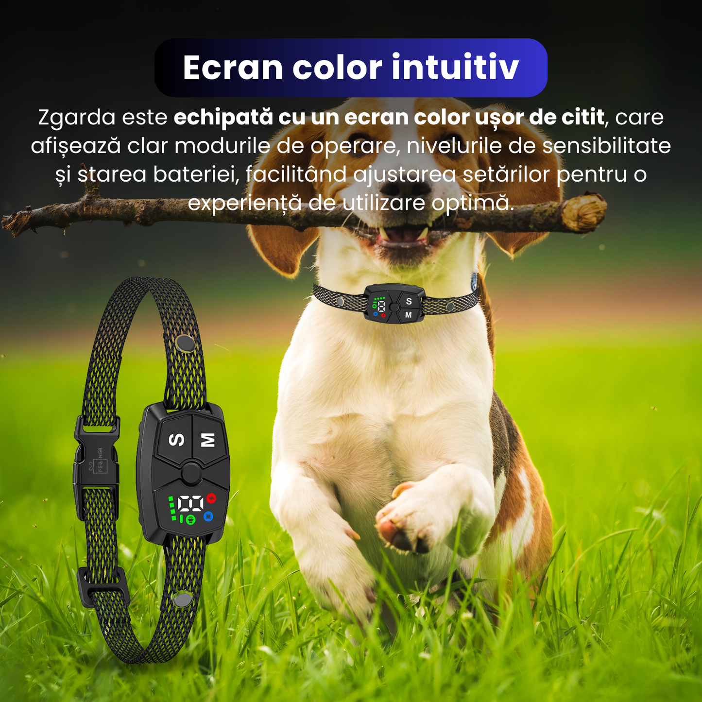 Zgarda anti-latrat, TZ-368, 7 nivele de intensitate, functie automata de oprire a latratului, design ergonomic, baterie reincarcabila de 250 mAh, ecran color, rezistent la apa IP67, negru