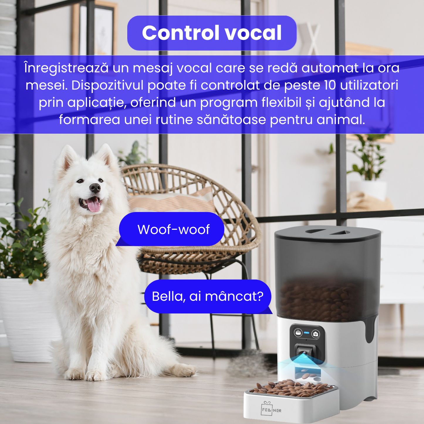 Hranitor automat inteligent pentru pisici si caini, cu camera HD 1080P, viziune nocturna, microfon bidirectional, control prin aplicatie, capacitate 6L, alimentare dubla, alb