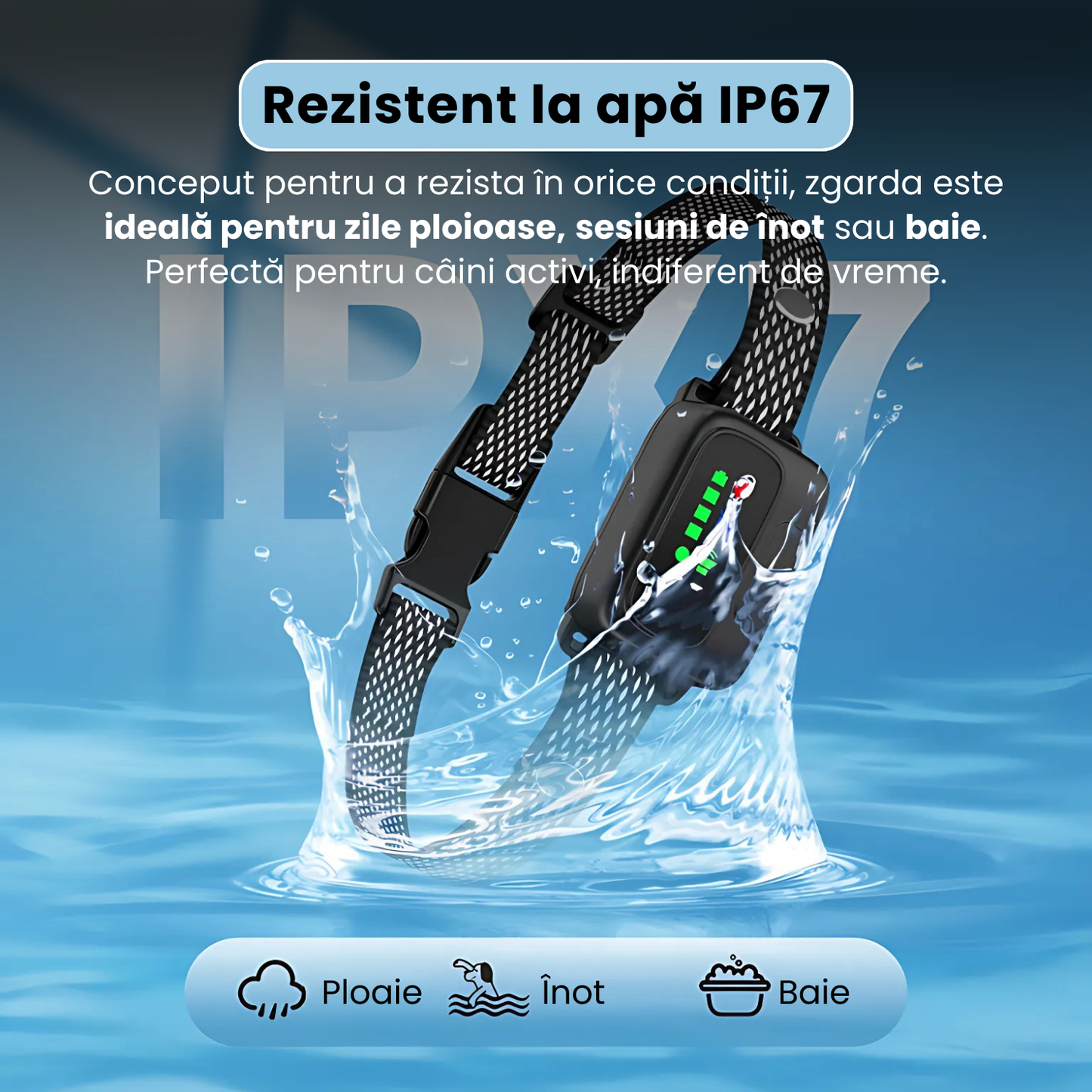 Zgarda antilatrat inteligenta cu senzor dublu, afisaj LED color, 4 moduri de antrenament, reglaj sensibilitate si intensitate, baterie 300 mAh, incarcare USB-C, rezistenta la apa IPX7, negru
