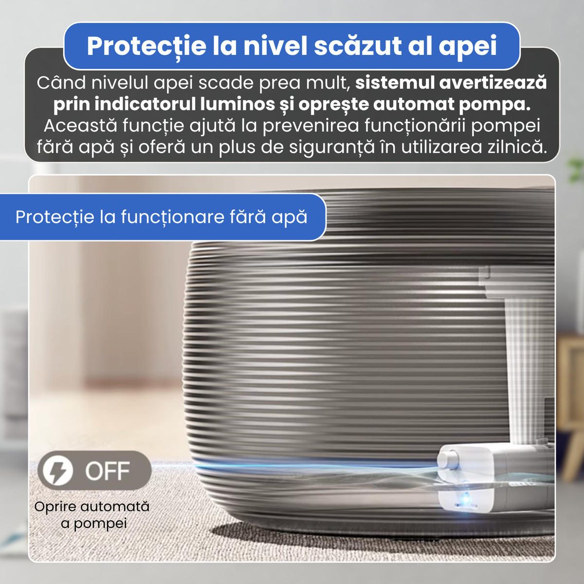 Fantana automata de apa pentru pisici si caini, 2.5 L, filtrare continua, pompa ultra-silentioasa sub 20 dB, protectie dry-run, alimentare USB, filtru pentru impuritati, design modern, alb