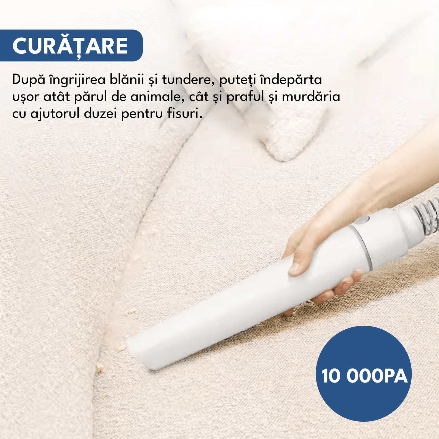 Set de ingrijire animale de companie 7 in 1, aspirator pentru toaletarea animalelor de companie si materiale textile, 4 marimi pentru tuns, zgomot redus, 3 trepte de viteza, 10 000Pa, HEPA filtru, alb