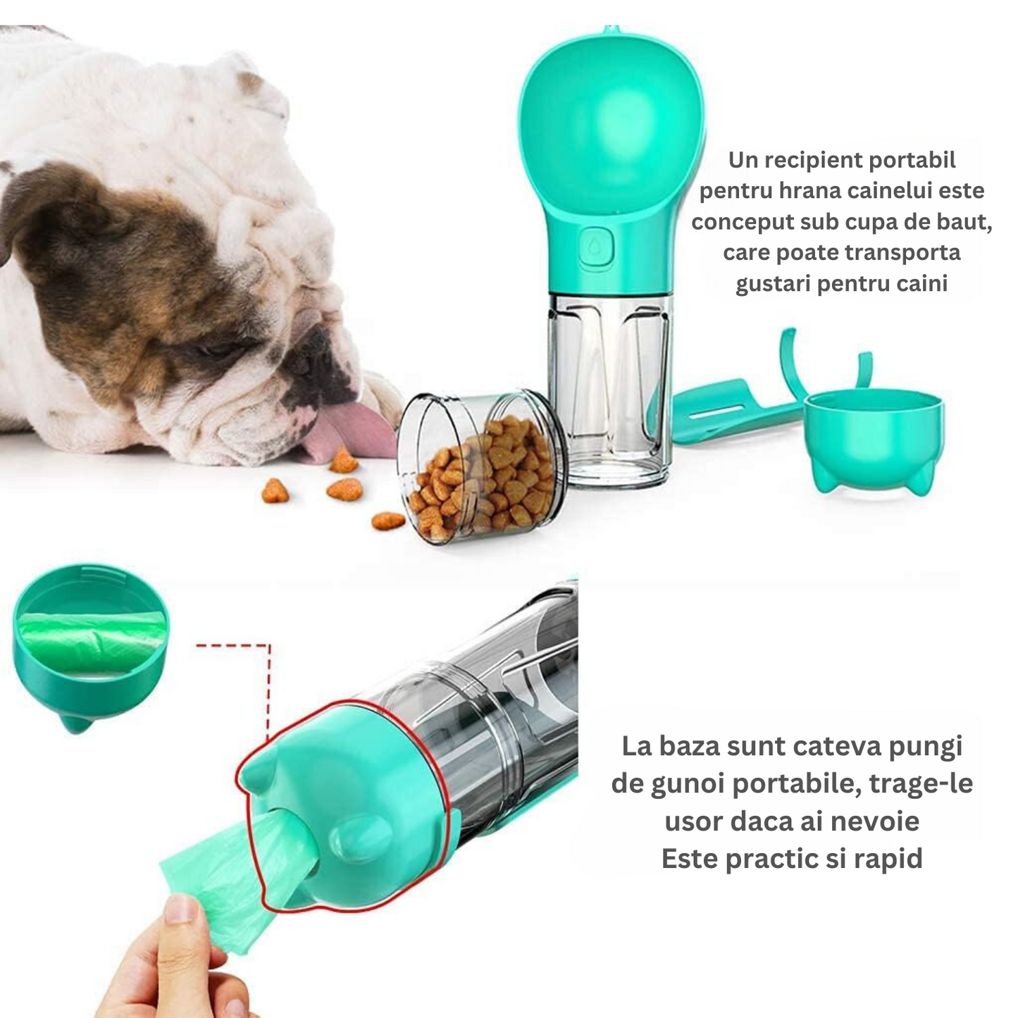 Dispenser portabil, multifunctional 4in1, pentru caini, cu castron, rezervor apa 300ml, recipient hrana 150ml, suport pungi igienice si lopatica pentru colectare excremente, turcoaz