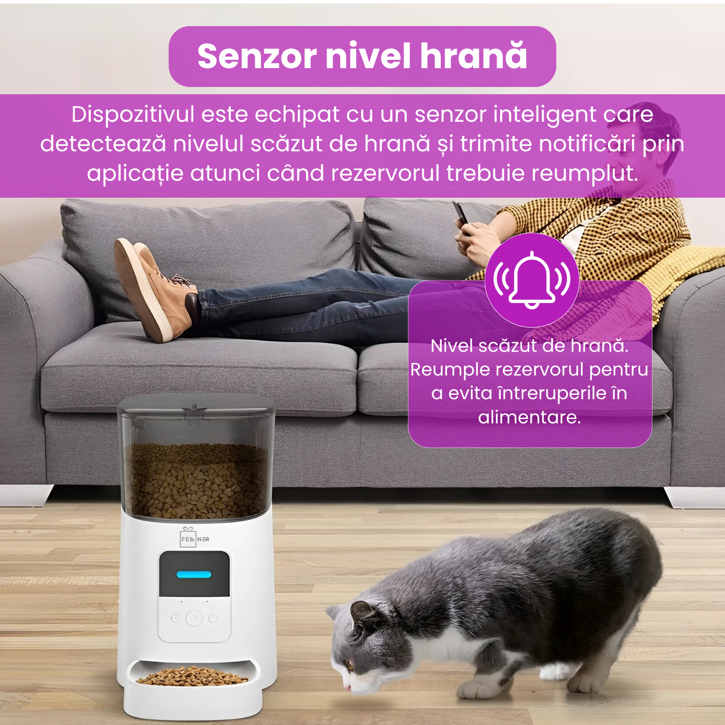 Hranitor automat inteligent pentru caini si pisici, WiFi 2.4G, aplicatie, functie vocala, 6L, senzor alimentare, compatibil cu hrana uscata, alb