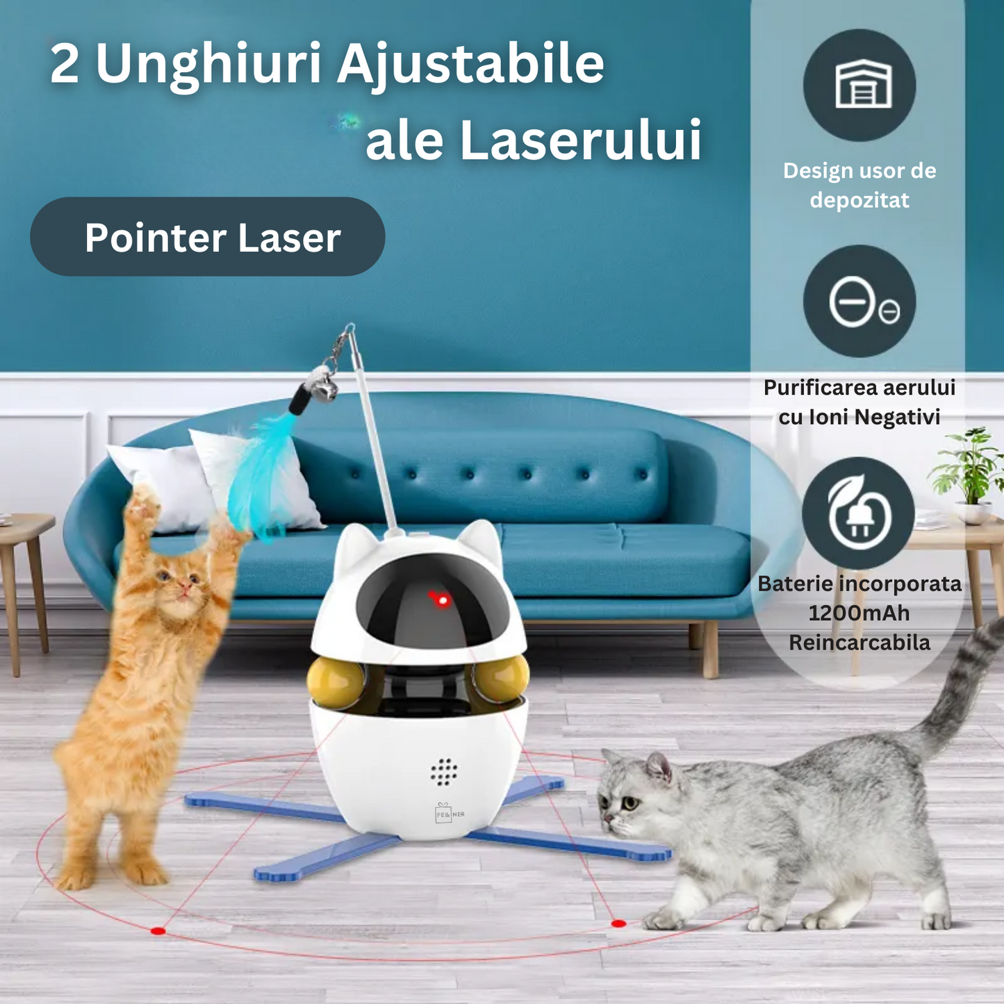 Jucarie interactiva pentru pisici, Felliner, automata 3in1, laser, mingi, panglica, rotatie 360¡, alb