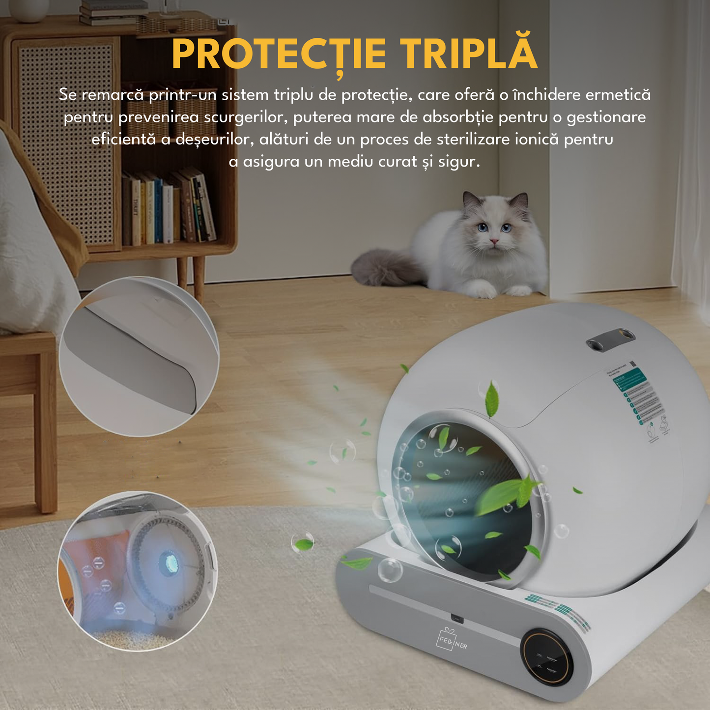 Litiera automata, pentru pisici, extra saci inclusi, auto-curatare, elimina mirosurile, aplicatie mobila, capacitate deseuri 9L, sterilizare UV, alb