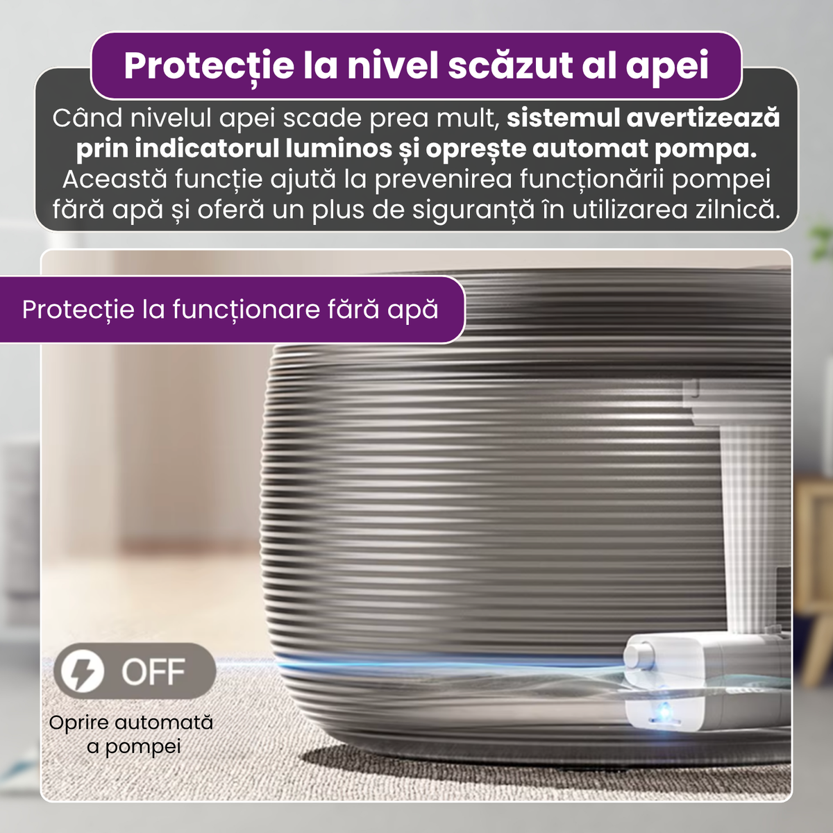 Fantana automata de apa pentru pisici si caini, 2.5 L, filtrare continua, pompa ultra-silentioasa sub 20 dB, protectie dry-run, alimentare USB, filtru pentru impuritati, design modern, negru