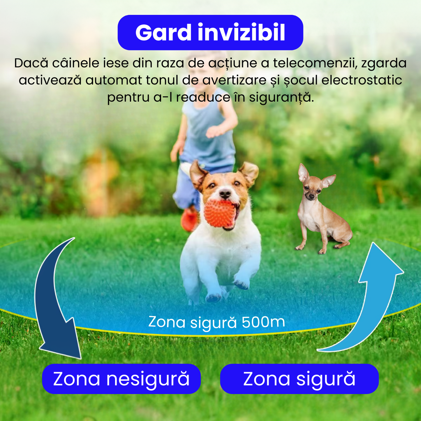 Sistem complet de gard invizibil pentru caini, cu transmitator si zgarda reincarcabila si rezistenta la apa IP67, raza de actiune 500 m, baterie 250 mAh, negru