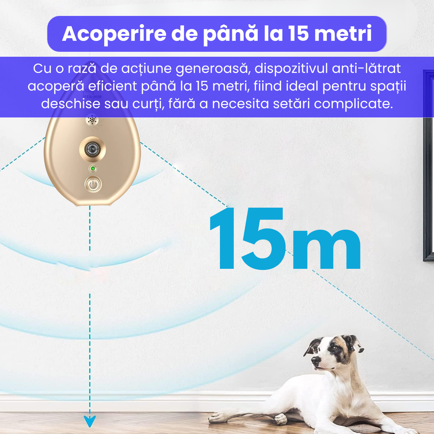 Dispozitiv anti-latrat pentru caini, cu ultrasunete, raza 15m, 3 nivele de sensibilitate, rezistent la apa si praf, montare usoara, potrivit pentru toate taliile, interior/exterior, auriu