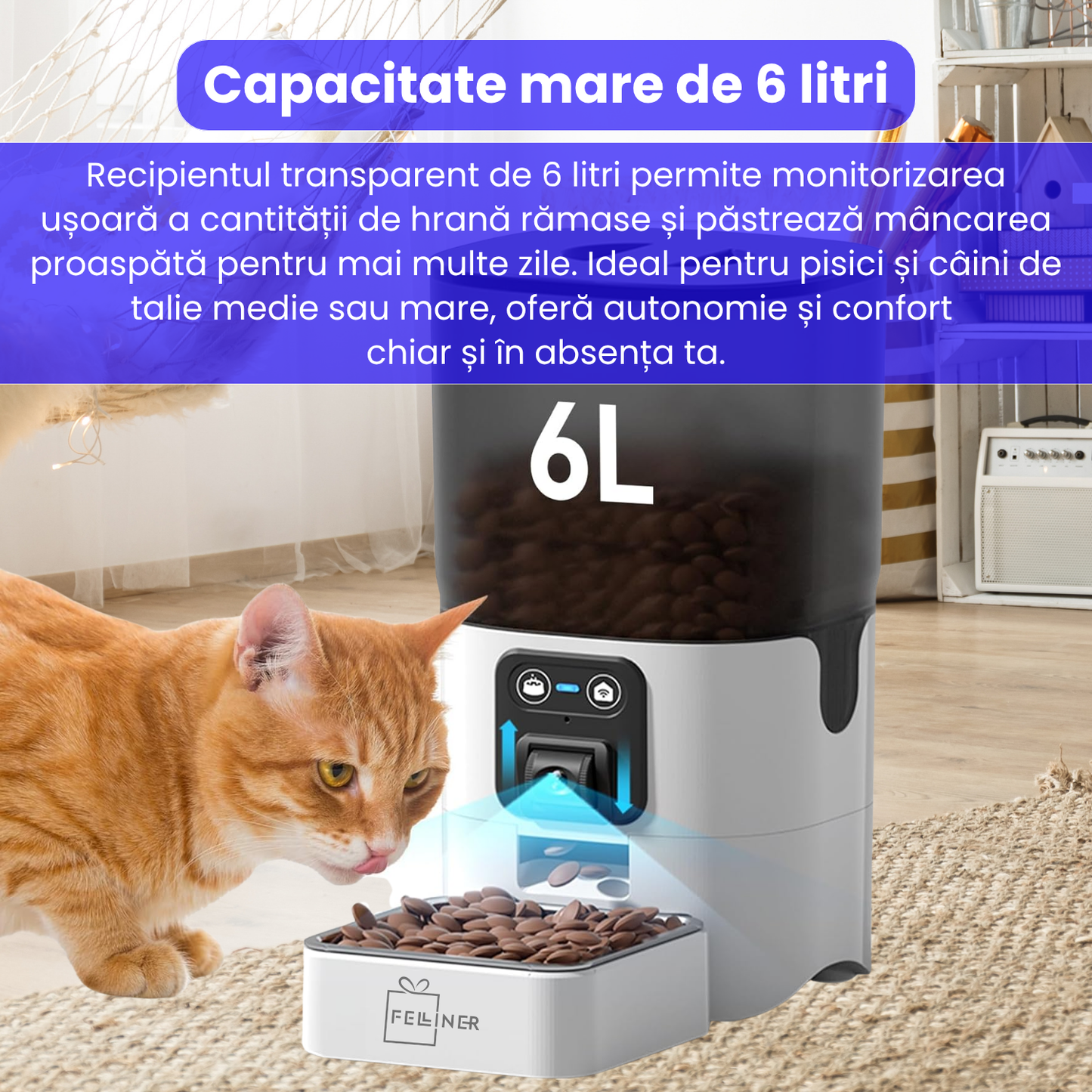 Hranitor automat inteligent pentru pisici si caini, cu camera HD 1080P, viziune nocturna, microfon bidirectional, control prin aplicatie, capacitate 6L, alimentare dubla, alb