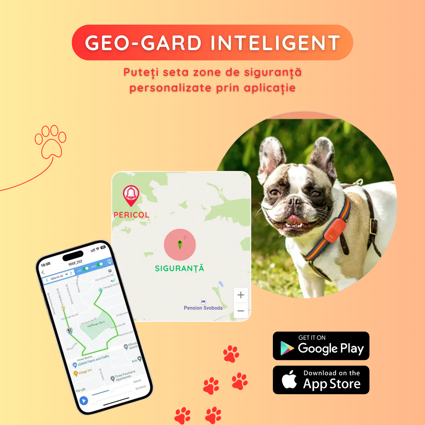 Zgarda cu GPS 4G pentru caini si pisici, rezistenta la apa IP67, urmarire in timp real, alarma sonora si luminoasa, gard virtual, apel bidirectional, control prin aplicatie, rosu
