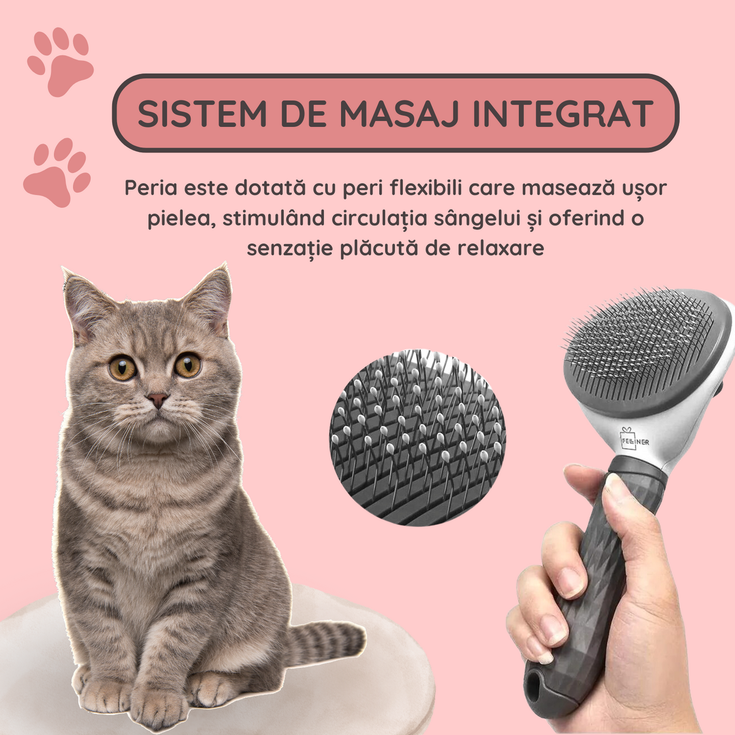 Perie auto-curatabila pentru caini si pisici, cu maner ergonomic anti-alunecare, pentru blana scurta si lunga, Gri