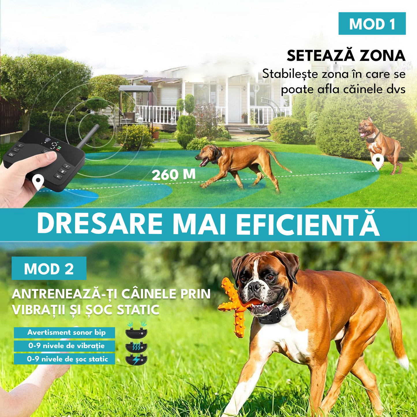 Zgarda electrica dresaj pentru 2 caini, TZ-H0-S24, gard electronic, raza actiune 260 metrii, gard electronic, rezistent la apa IPX65, impuls electrostatic, vibratie si localizare, semnal 2.4G, autonomie 170 zile, negru