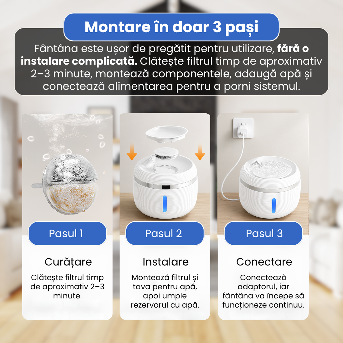Fantana automata de apa pentru pisici si caini, 2.5 L, filtrare continua, pompa ultra-silentioasa sub 20 dB, protectie dry-run, alimentare USB, filtru pentru impuritati, design modern, alb