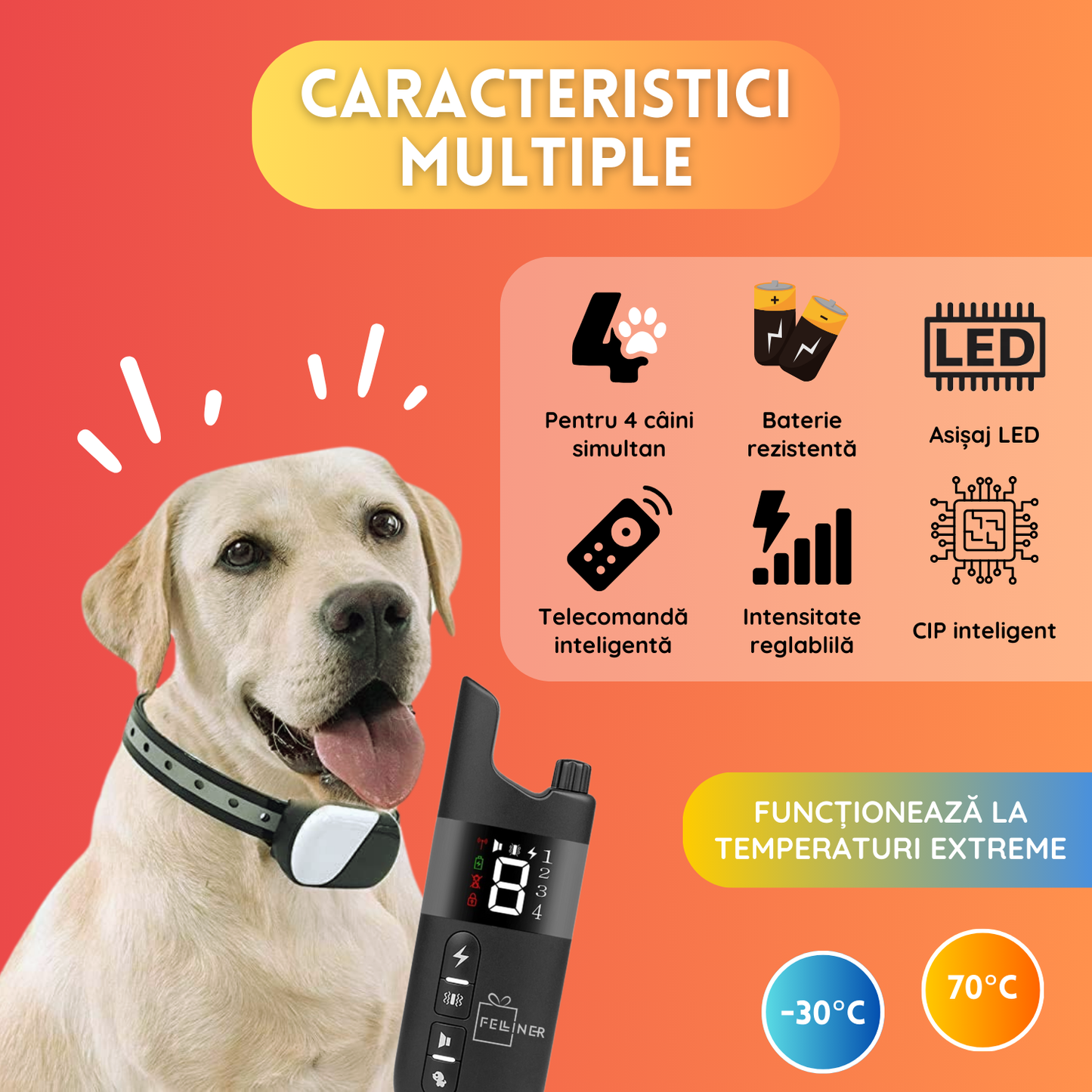 Zgarda electrica profesionala pentru dresaj 4 caini, 600m, rezistenta la apa si praf, reincarcabila, 3 functii, vibratii, soc si sunete, telecomanda, curea reglabila, negru
