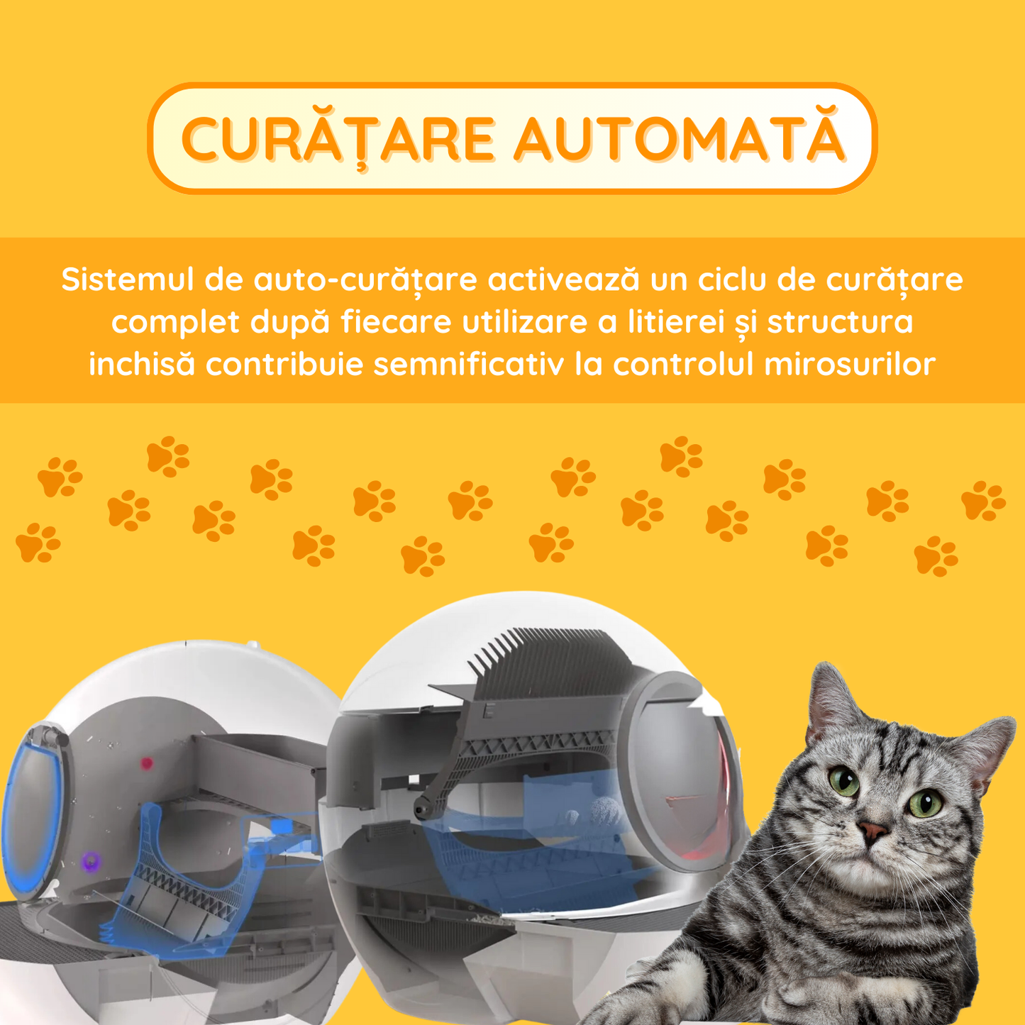 Litiera inteligenta automata pentru pisici, auto-curatare, design inchis, control prin aplicatie, fara miros, robot pentru mai multe pisici, alb