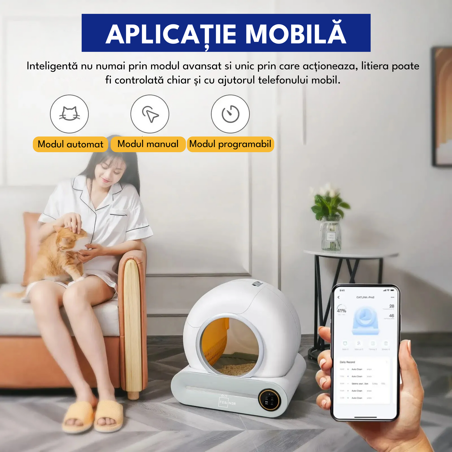 Litiera automata, pentru pisici, extra saci inclusi, auto-curatare, elimina mirosurile, aplicatie mobila, capacitate deseuri 9L, sterilizare UV, alb