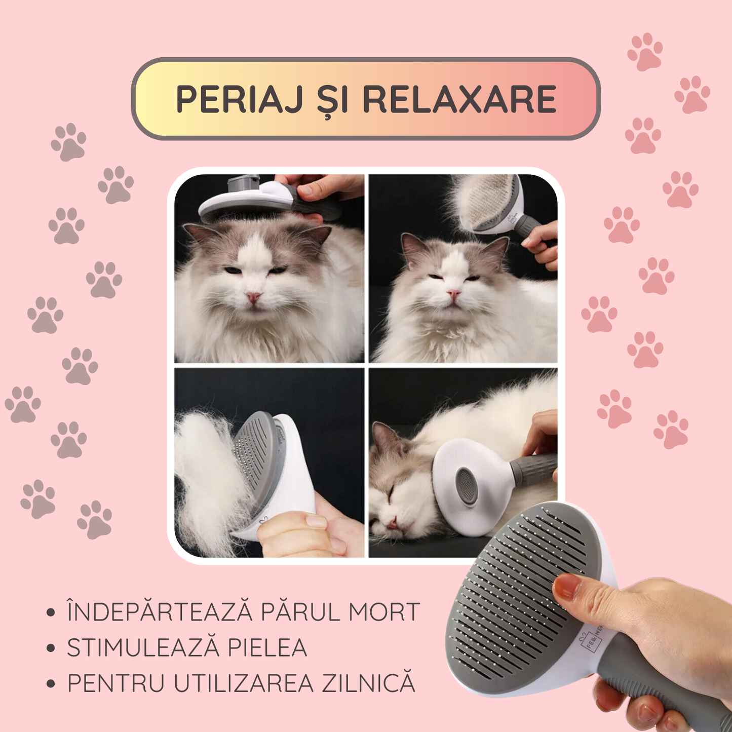 Perie auto-curatabila pentru caini si pisici, cu maner ergonomic anti-alunecare, pentru blana scurta si lunga, Gri