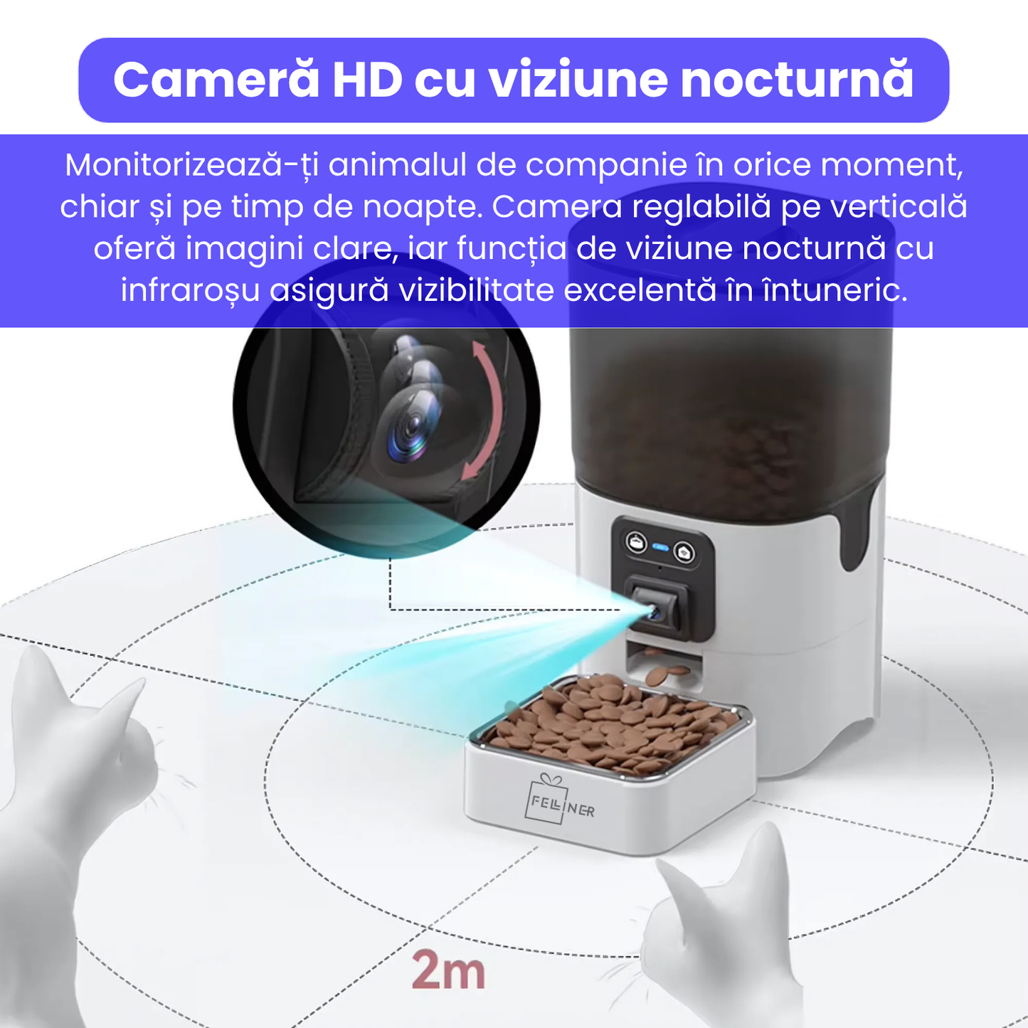 Hranitor automat inteligent pentru pisici si caini, cu camera HD 1080P, viziune nocturna, microfon bidirectional, control prin aplicatie, capacitate 6L, alimentare dubla, alb