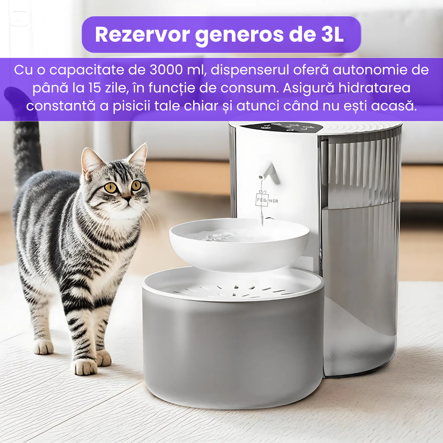Dispenser inteligent de apa pentru pisici, 3L, reincarcabil, autonomie 180 zile, control volum si frecventa, sistem de filtrare in mai multe etape, nivel redus de zgomot, alb
