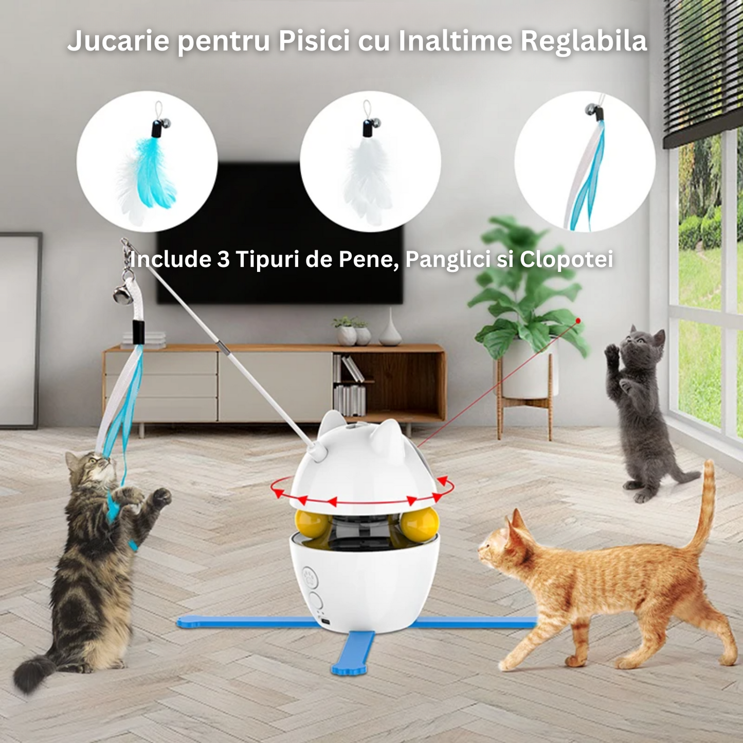 Jucarie interactiva pentru pisici, Felliner, automata 3in1, laser, mingi, panglica, rotatie 360¡, alb