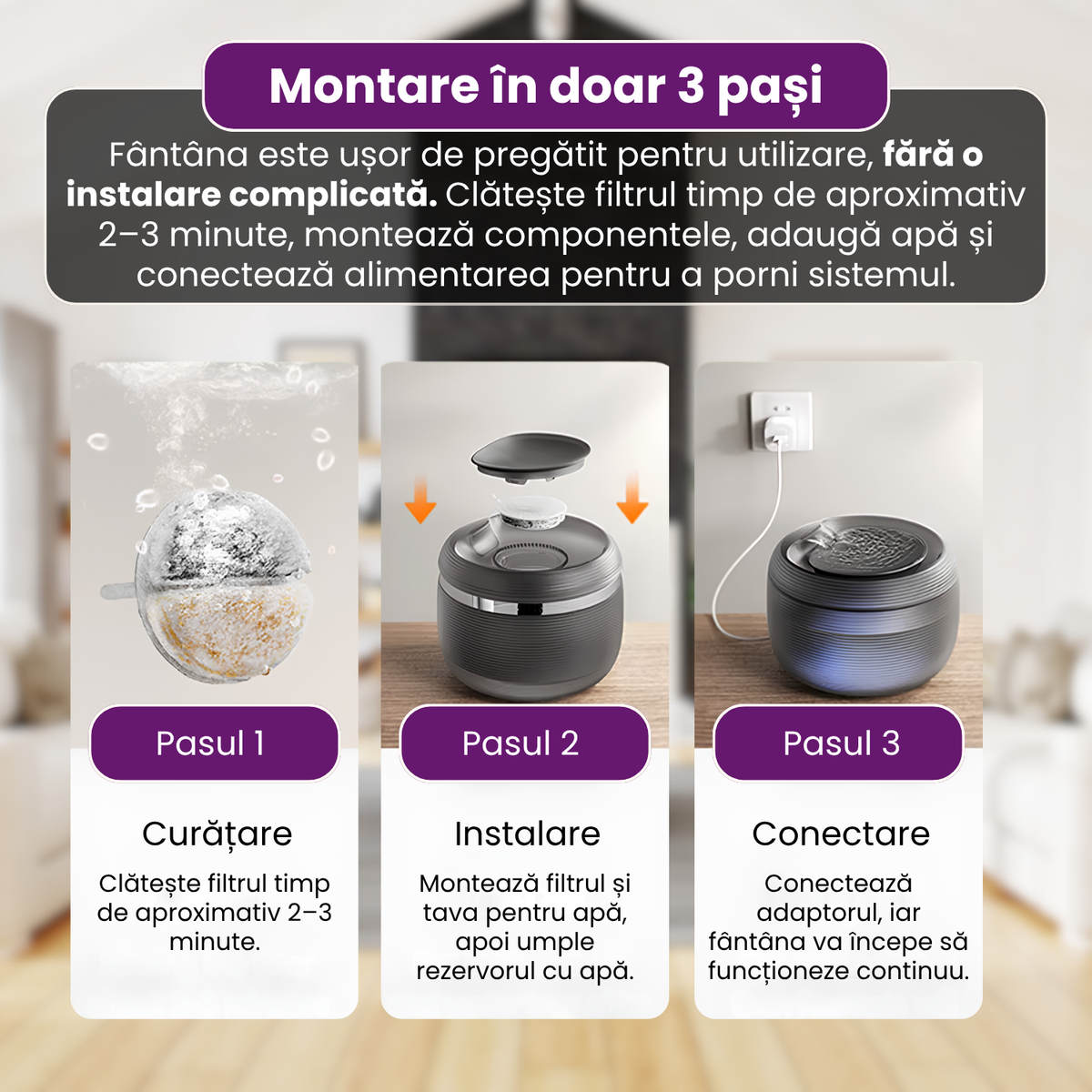 Fantana automata de apa pentru pisici si caini, 2.5 L, filtrare continua, pompa ultra-silentioasa sub 20 dB, protectie dry-run, alimentare USB, filtru pentru impuritati, design modern, negru