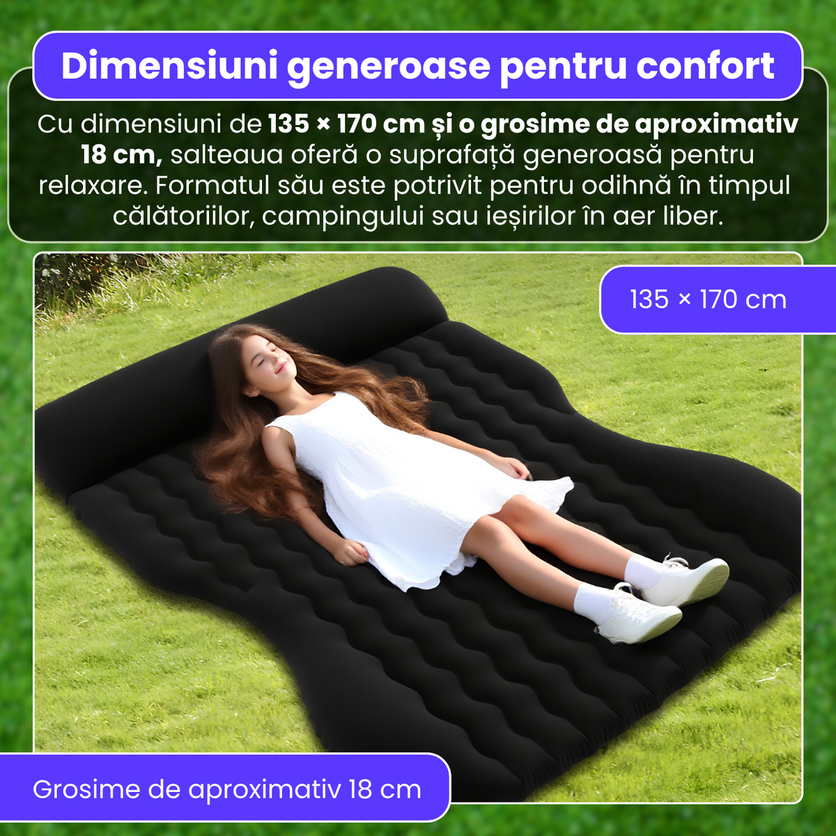 Saltea gonflabila auto, 135x170x18 cm, pompa electrica integrata, PVC si suprafata flocata, design ondulat, pentru calatorii, camping si exterior, utilizare 4 anotimpuri, negru
