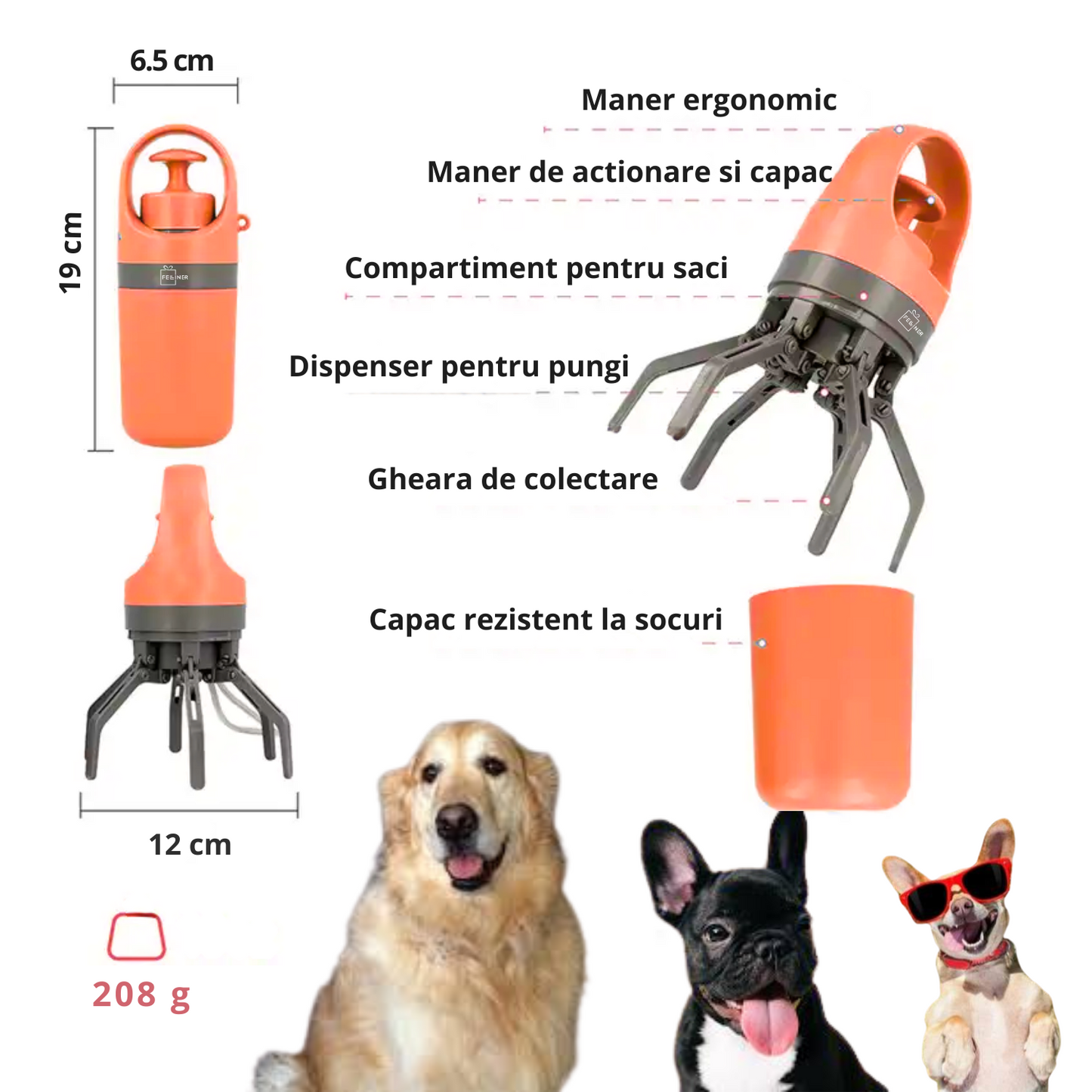 Colector excremente animale de companie, caini, pisici, Felliner, dispozitiv portabil pentru adunarea igienica a deseurilor, cleste cu 6 gheare, ABS, 6.5x19 cm, compartiment saci integrat, portocaliu