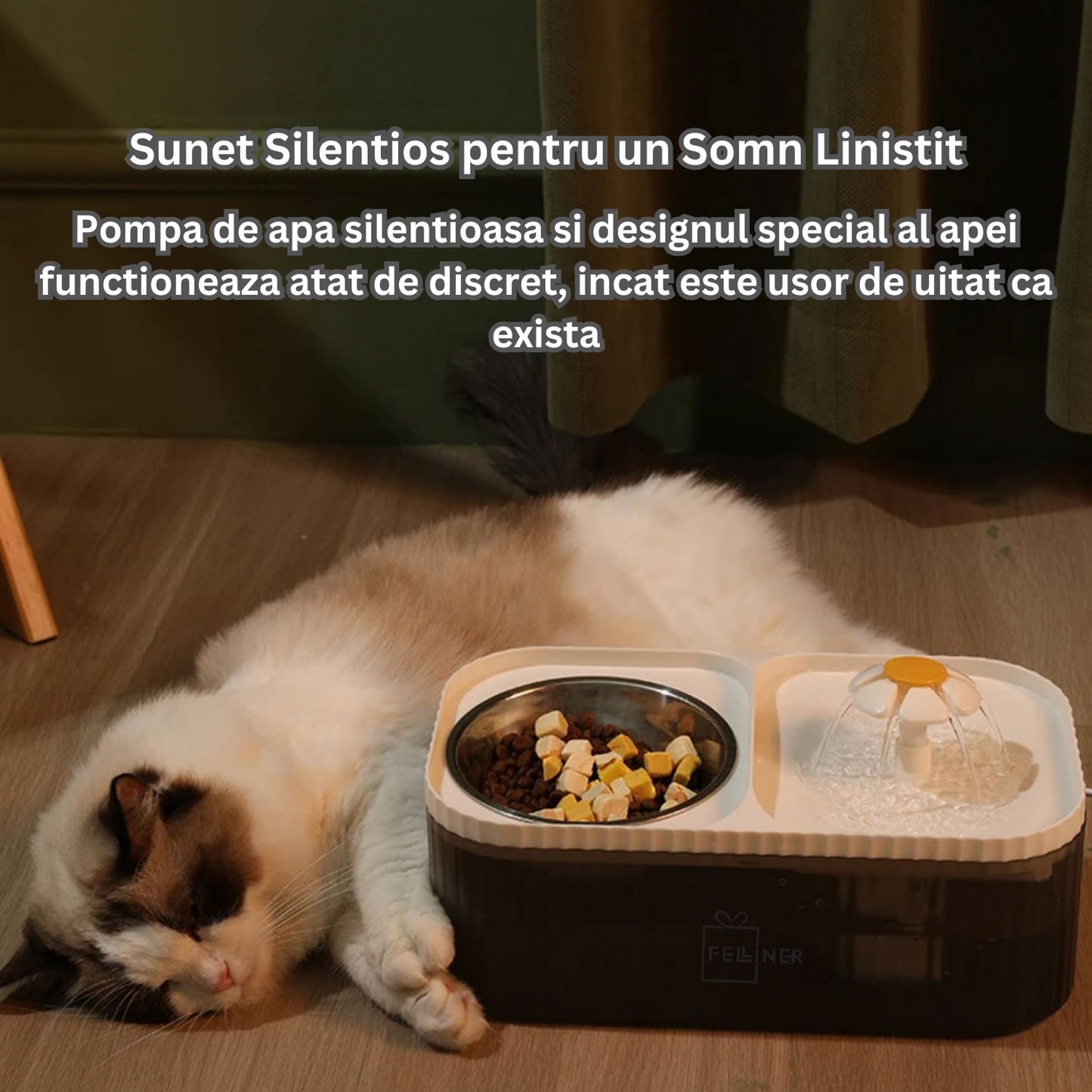 Dispenser apa automat cu bol pentru mancare, 2-1 tip fantana pentru pisici si caini, Felliner, 3L, ultra-silentios, purificare si filtrare, adaptor priza, Alb