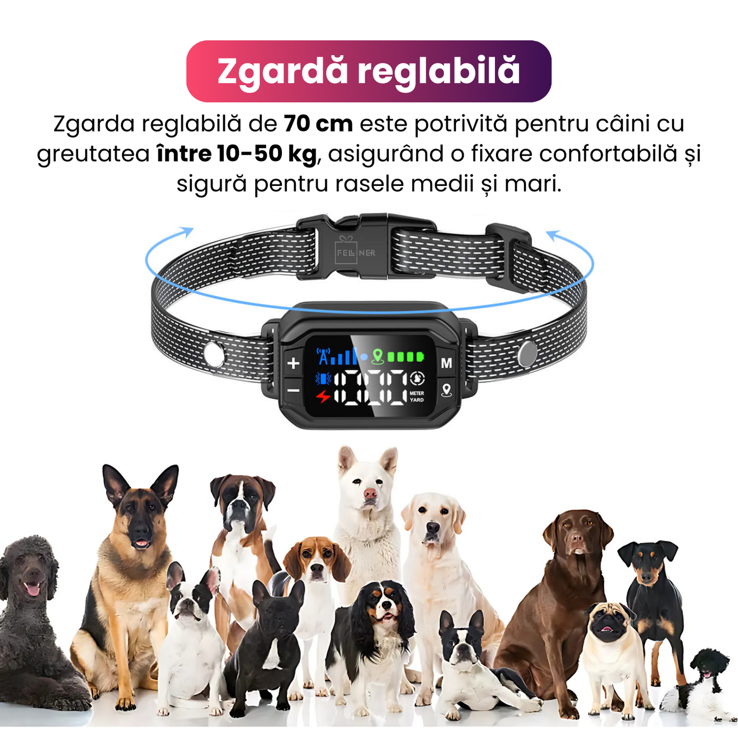 Zgarda electrica inteligenta TZ-G723 pentru caini, GPS, raza 30-914 m, alarma, vibratie/sunet, fara fir, IPX7, baterie 800 mAh, functie anti-pierdere si reintoarcere automata, negru