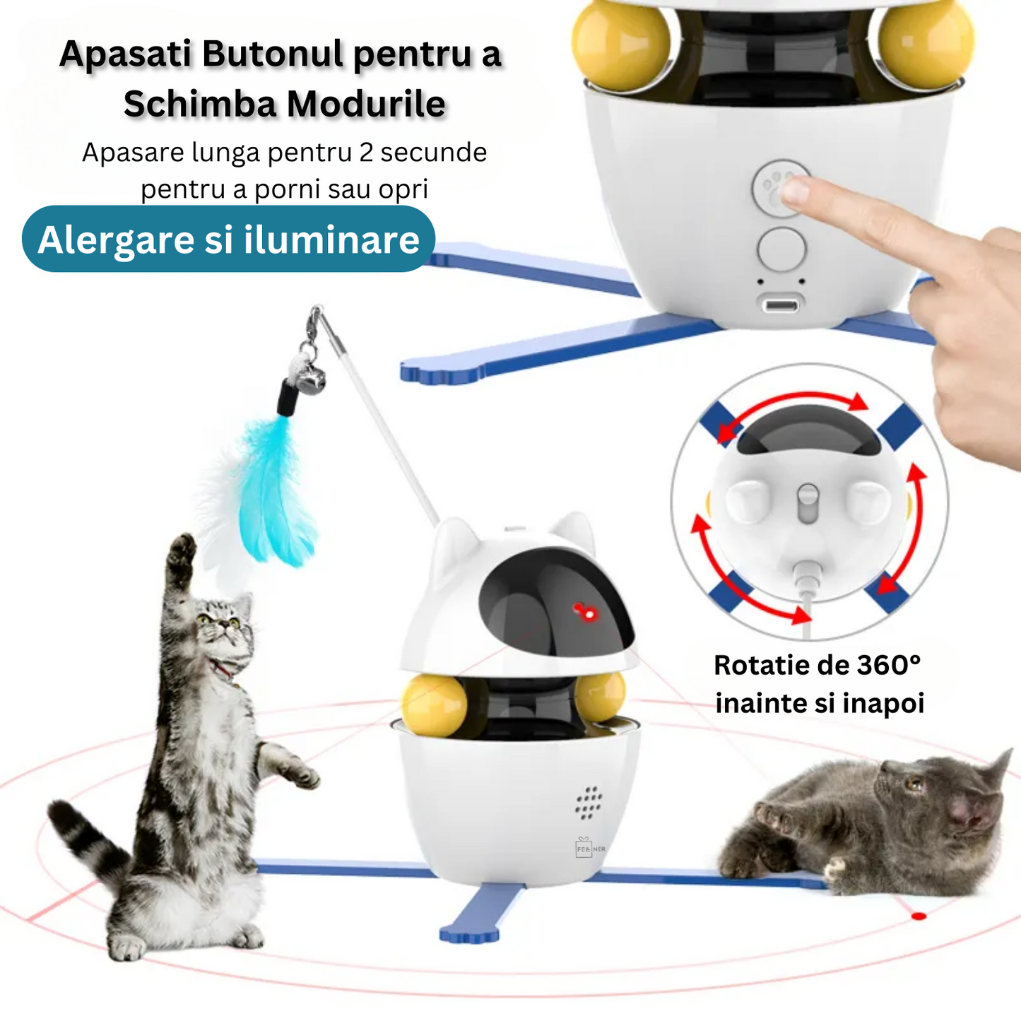 Jucarie interactiva pentru pisici, Felliner, automata 3in1, laser, mingi, panglica, rotatie 360¡, alb