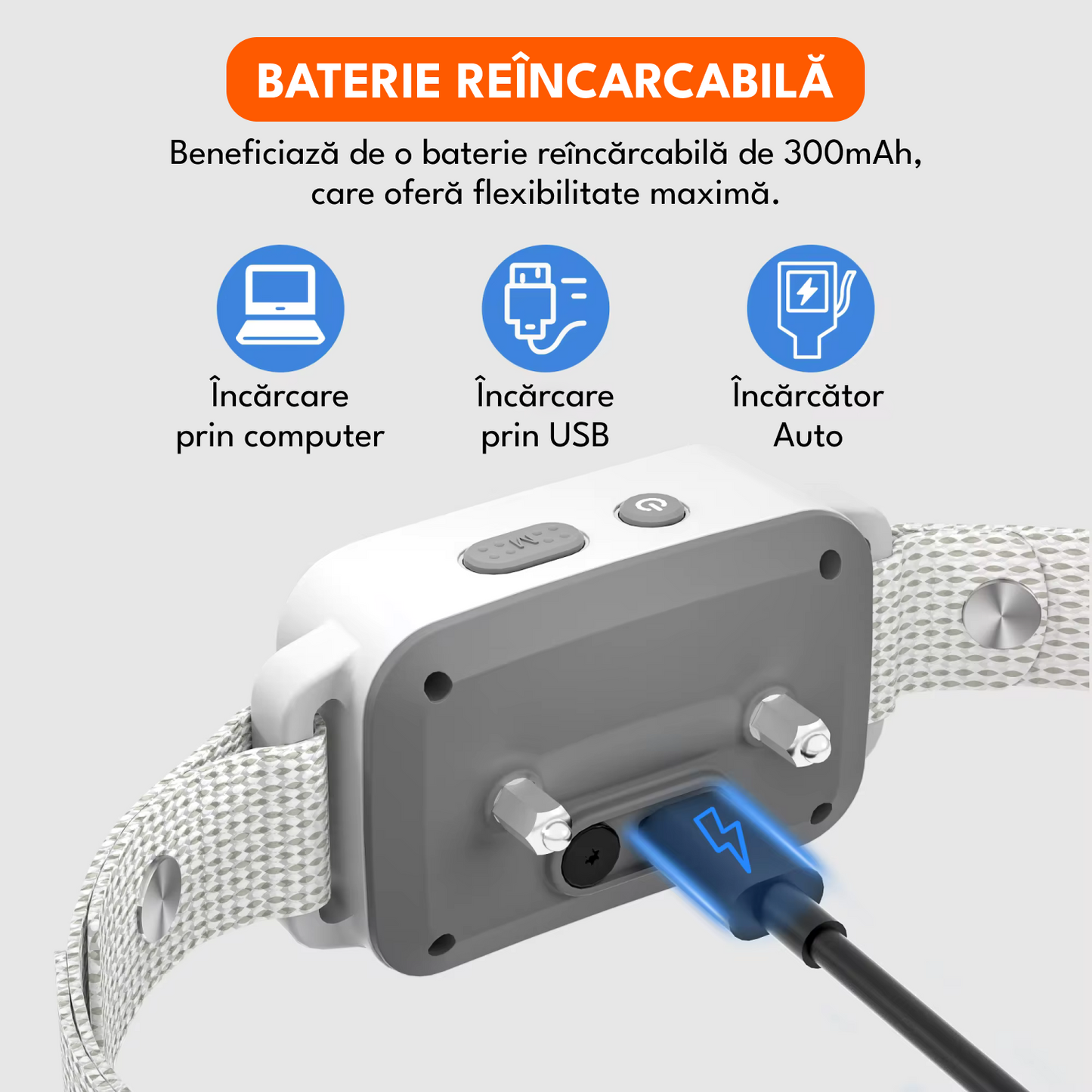 Zgarda inteligenta pentru dresaj, raza actiune 800m, 3 functii, rezistent la apa IP67, reglabila, gri
