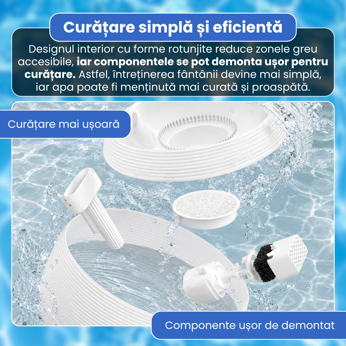 Fantana automata de apa pentru pisici si caini, 2.5 L, filtrare continua, pompa ultra-silentioasa sub 20 dB, protectie dry-run, alimentare USB, filtru pentru impuritati, design modern, alb