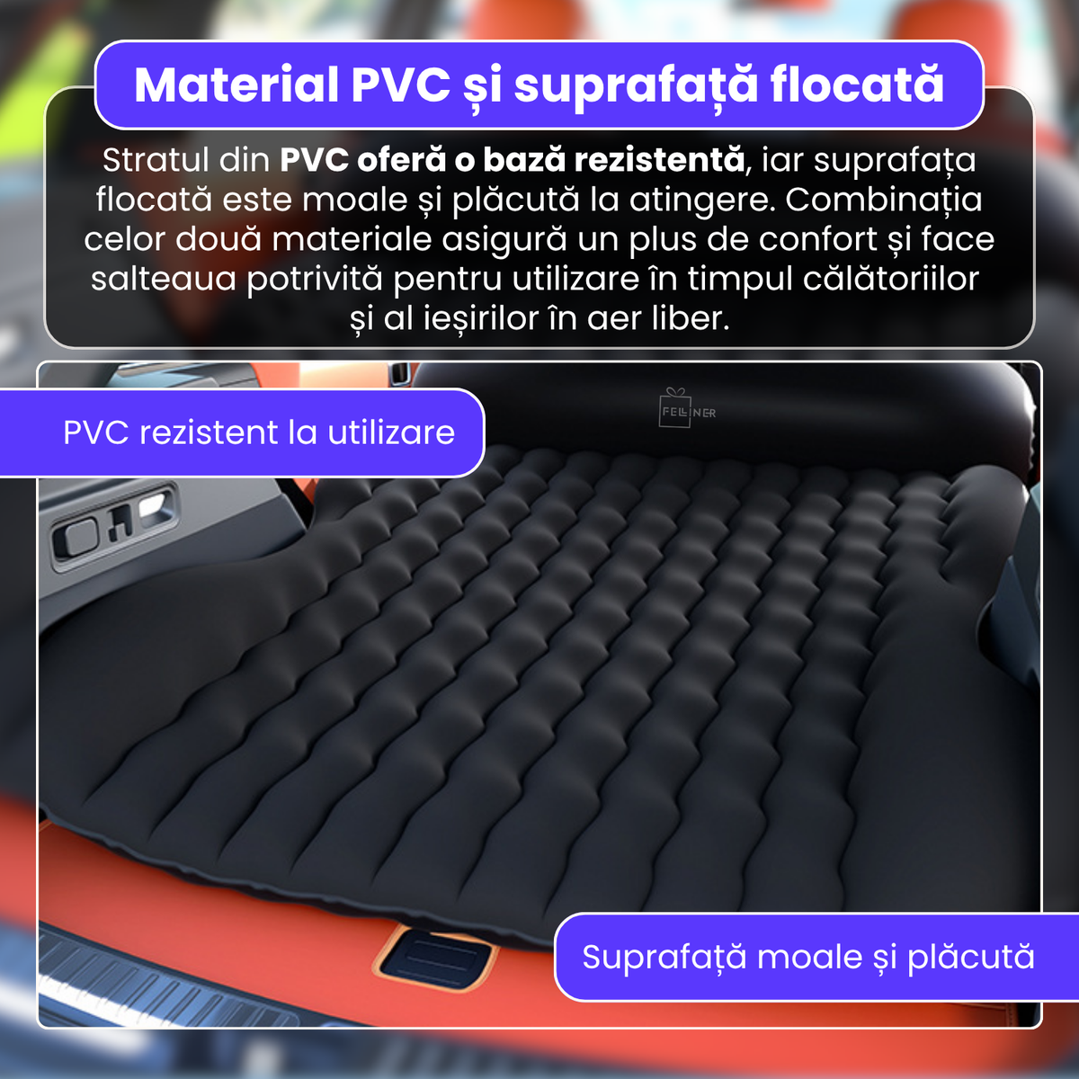 Saltea gonflabila auto, 135x170x18 cm, pompa electrica integrata, PVC si suprafata flocata, design ondulat, pentru calatorii, camping si exterior, utilizare 4 anotimpuri, negru