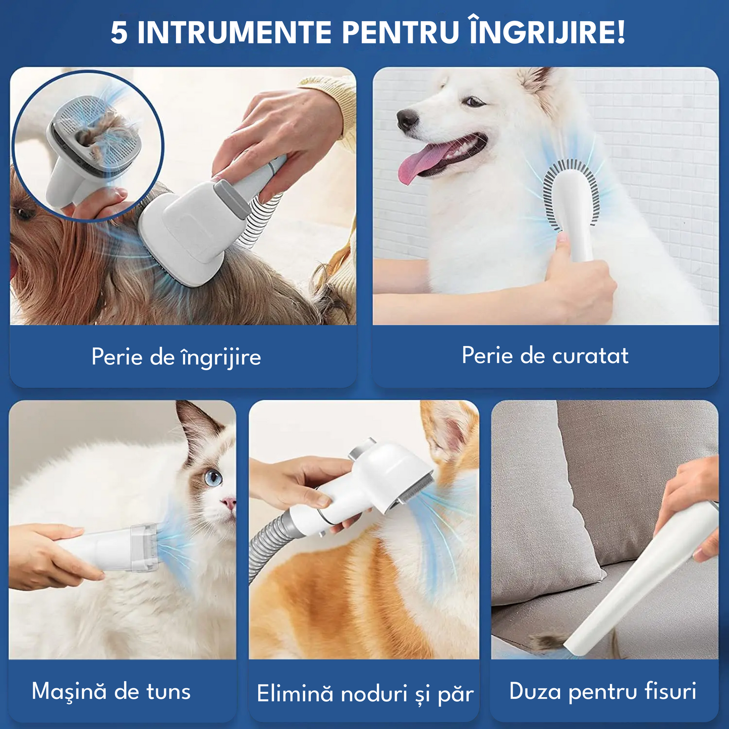 Set de ingrijire animale de companie 7 in 1, aspirator pentru toaletarea animalelor de companie si materiale textile, 4 marimi pentru tuns, zgomot redus, 3 trepte de viteza, 10 000Pa, HEPA filtru, alb