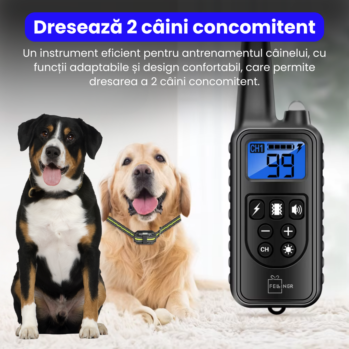 Zgarda electrica pentru 2 caini, 880-3, 99 nivele de vibratii, baterie 300 mAh, raza 800m, 3 moduri antrenament, IP67, electrozi cauciucati, protectie piele, zgarda reglabila, negru