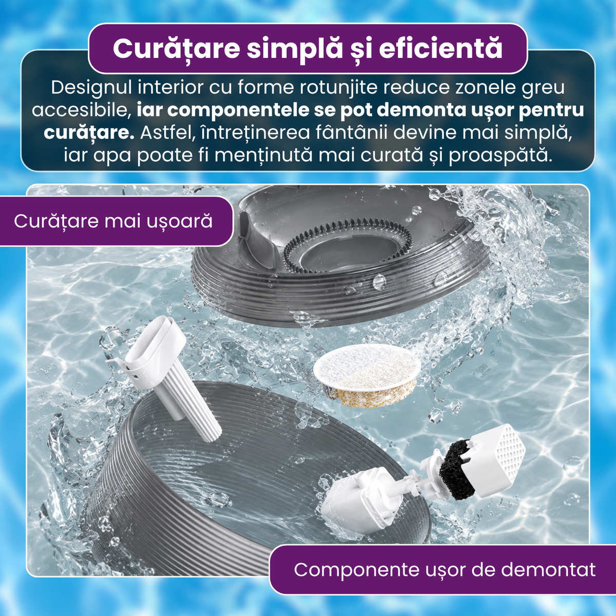 Fantana automata de apa pentru pisici si caini, 2.5 L, filtrare continua, pompa ultra-silentioasa sub 20 dB, protectie dry-run, alimentare USB, filtru pentru impuritati, design modern, negru