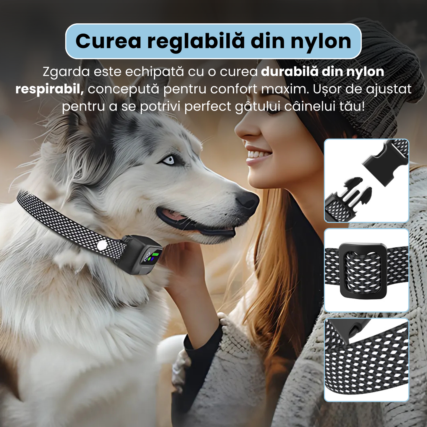 Zgarda antilatrat inteligenta cu senzor dublu, afisaj LED color, 4 moduri de antrenament, reglaj sensibilitate si intensitate, baterie 300 mAh, incarcare USB-C, rezistenta la apa IPX7, negru