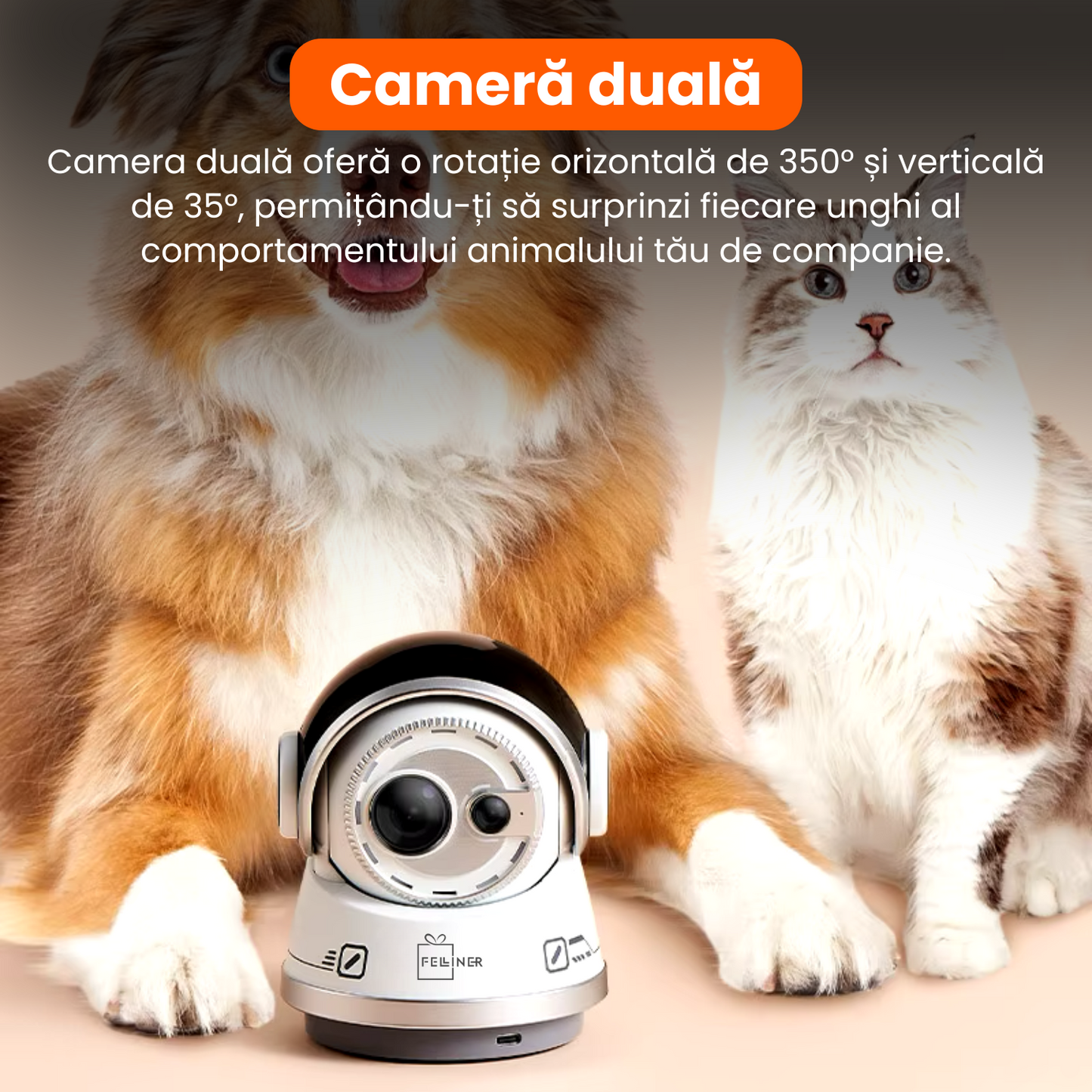 Robot inteligent cu camera dubla, jucarie pentru caini si pisici, 5G, comunicare bidirectionala, aplicatia PickFun, camp vizual 360°, gri